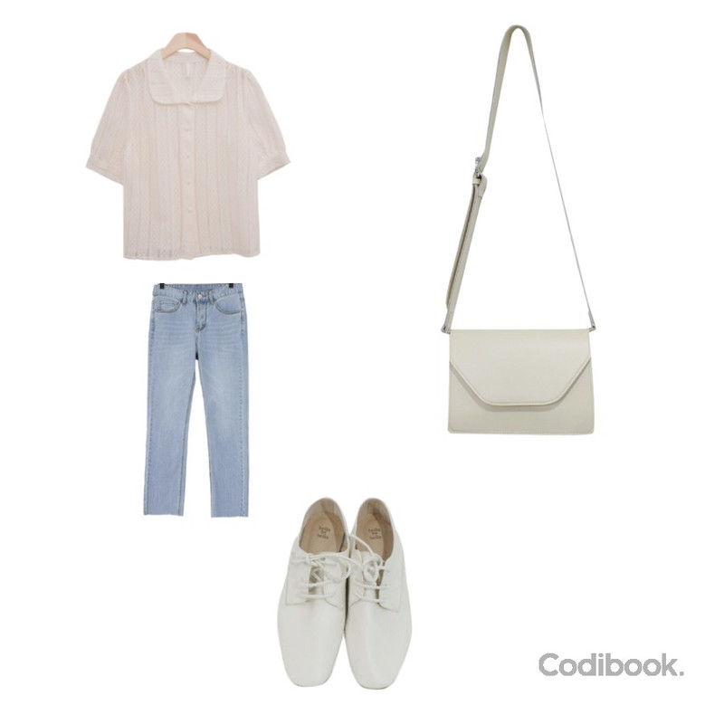 ROCOSIX 반하이 컷팅 데님 스키니,BITDA 엘라 shoes (3color),BACHO 산도레이스 카라블라우스등을 매치한 코디