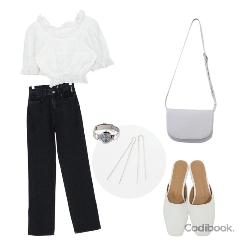 BITDA 루나츠 shoes (3color),MIXXMIX 스트링 펀칭 블라우스,BANHARU slit detail cotton denim pants등을 매치한 코디
