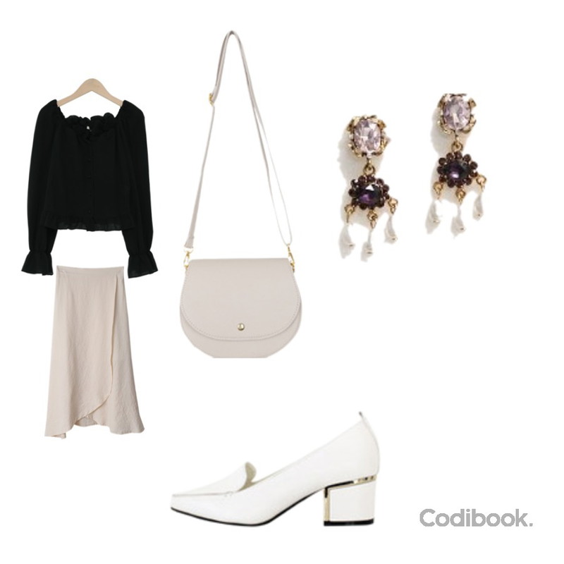 LOVELY SHOES 헬리나 미들힐 펌프스 5cm,From Beginning Marie frill cotton blouse_H (size : free),BACHO 아롱 린넨 언발스커트등을 매치한 코디