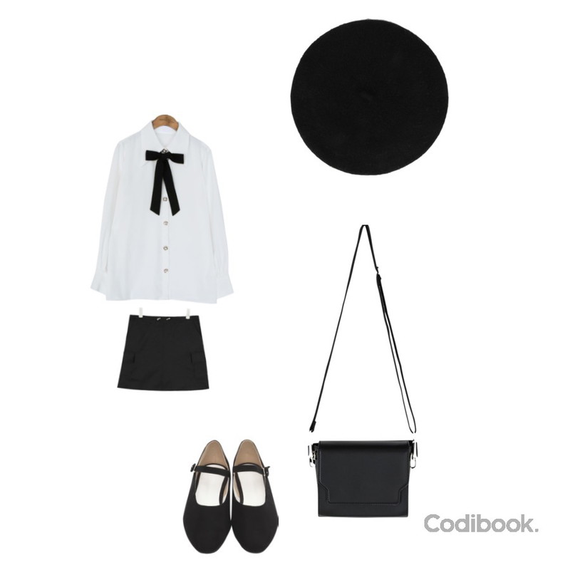 common unique [TOP] JEWELRY BUTTON TIE CHIFFON BLOUSE,From Beginning Matilda suede mary janes_J (size : 230,235,240,245,250),AIN FRESH A string mini skirt등을 매치한 코디