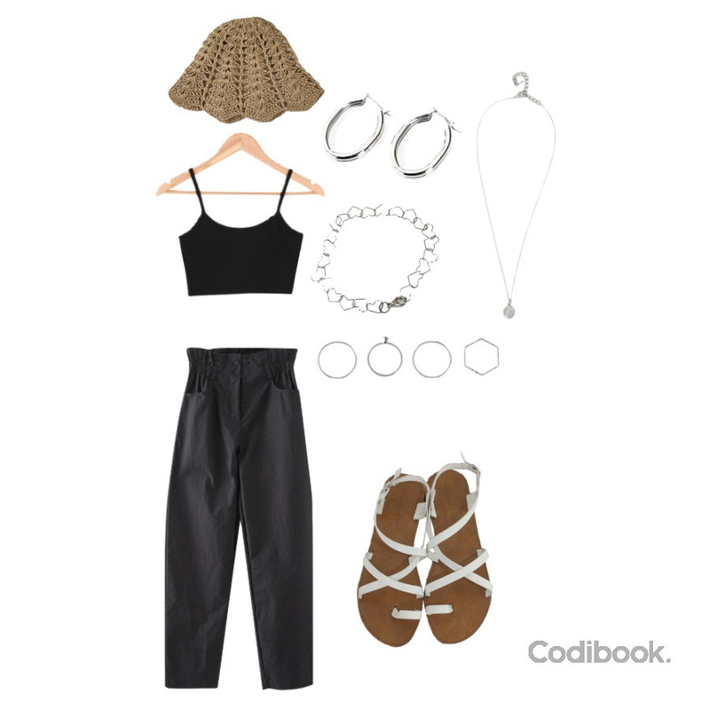 BULLANG GIRL 기본나시끈크롭탑,ROCOSIX 리커버 이어링,AFTERMONDAY parted banding washing pants (4colors)등을 매치한 코디