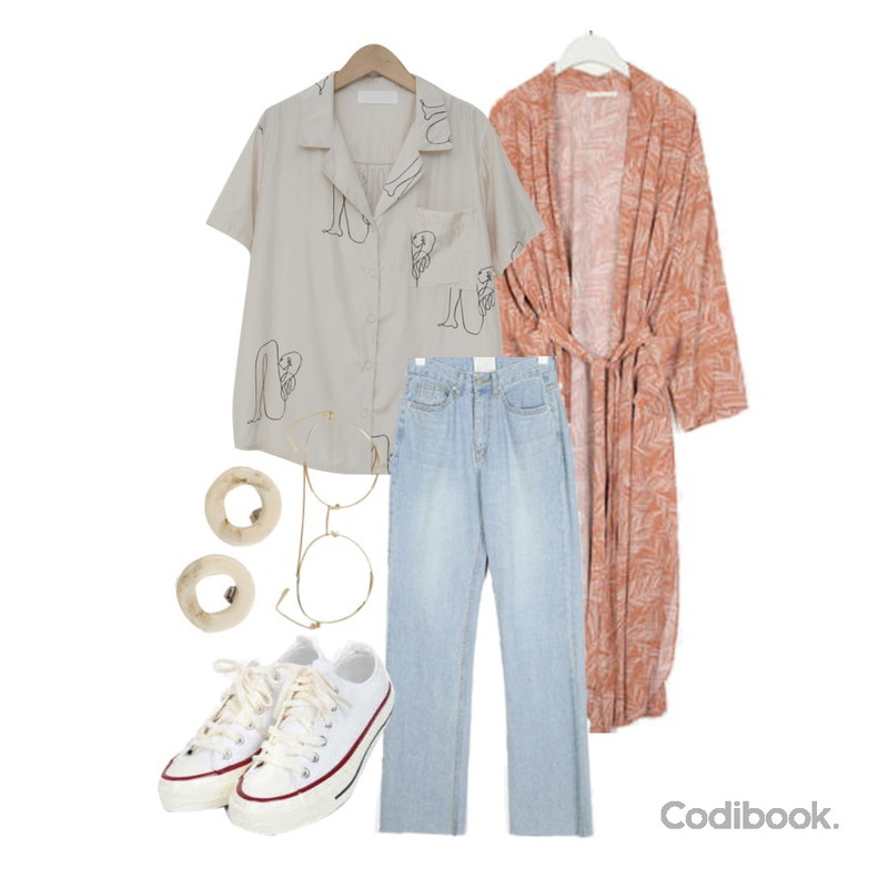 AIN alive light long denim pants (s, m),From Beginning Sleek line shirts blouse_Y (size : free),AIN foliar long robe등을 매치한 코디