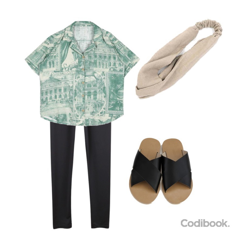 WHOSGIRL 홈트레이닝:) 쿨 레깅스 (2 colors),openthedoor collar vintage shirts (2 color) - woman,BANHARU wide x-strap slipper등을 매치한 코디
