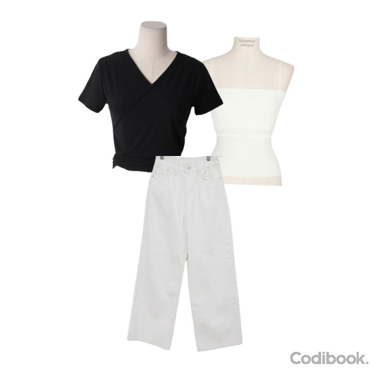 common unique JEIN SLIM GOLGI KNIT SLEEVELESS,BITDA 로너 denim (2color),BACHO 포비 랩스트랩 티셔츠등을 매치한 코디