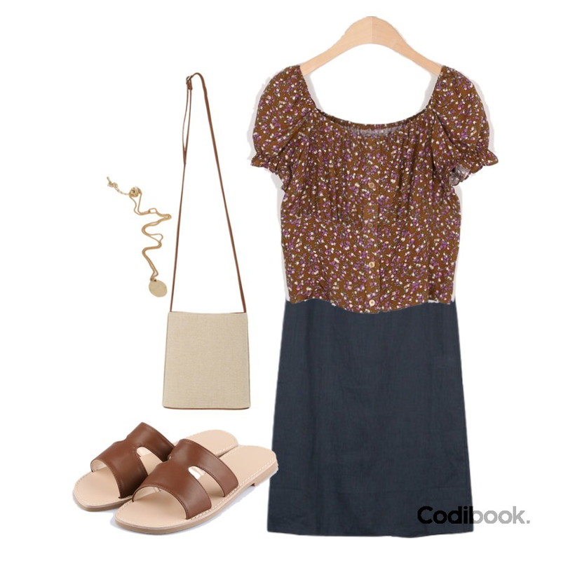 AIN linen button line skirt (s, m),MOREDAY 레더 슬리퍼 (2colors),From Beginning Inside point linen cross bag_C (size : one)등을 매치한 코디