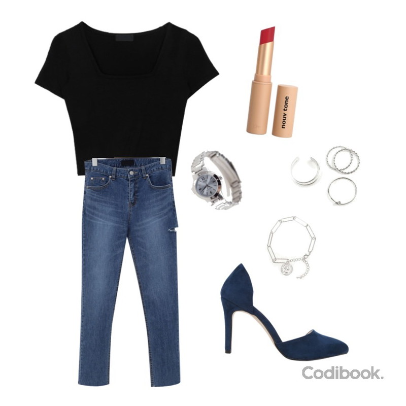 AIN feminine stiletto heel (3 colors),From Beginning Side hole straight jean_Y (size : S,M,L),MIXXMIX 텐셀 스퀘어넥 크롭탑등을 매치한 코디