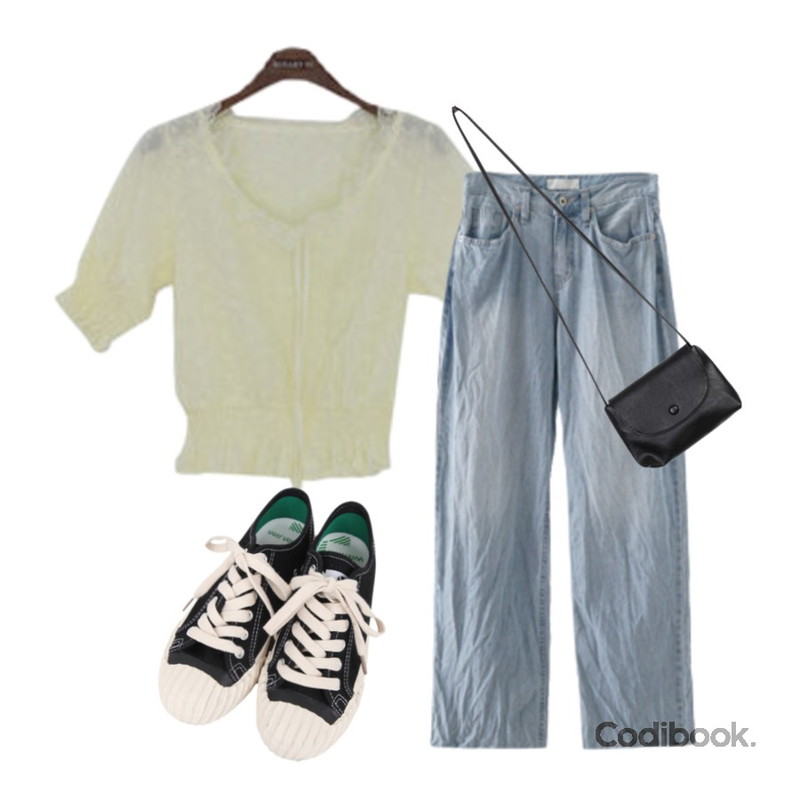 BULLANG GIRL 온데일리스니커즈,AFTERMONDAY rimple point denim pants,binary01 크롭 레이니 레이스블라우스등을 매치한 코디