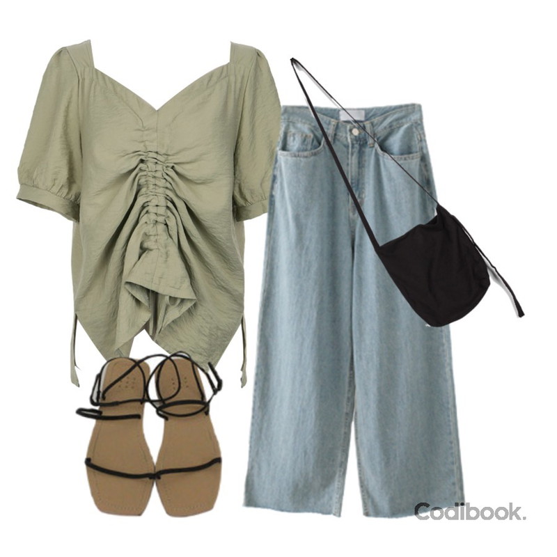 AFTERMONDAY cut-off semi crop medium denim,moaol minimal strap cross bag (black),UPTOWN HOLIC 셔링벨 bl (*2color)등을 매치한 코디