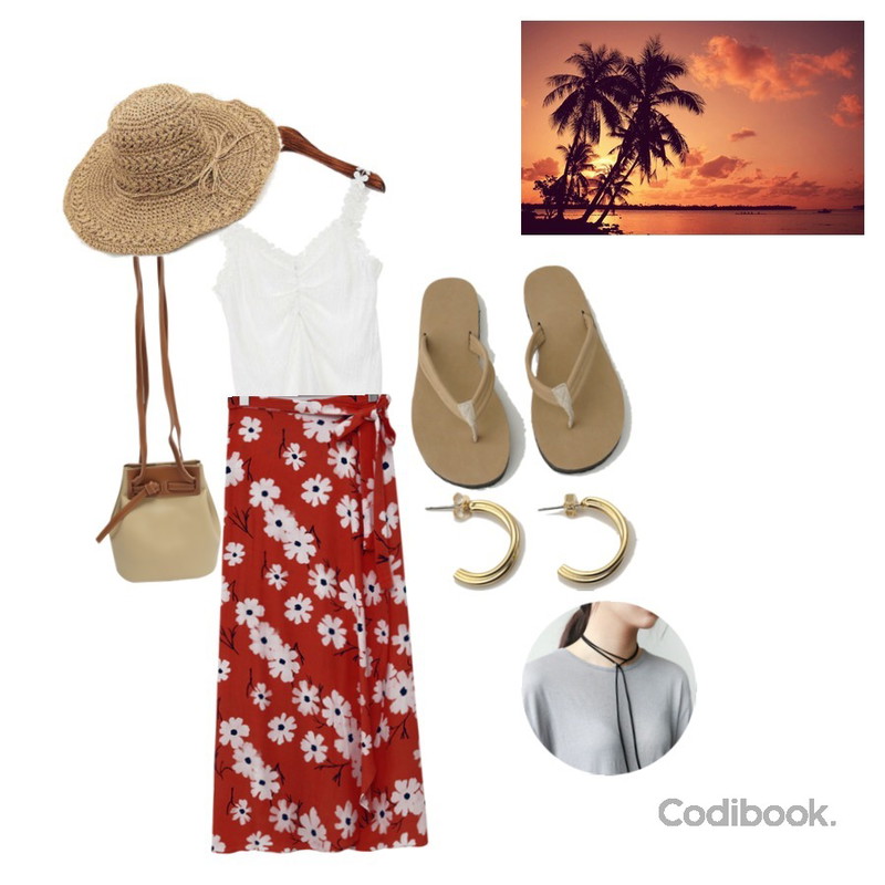 beach,ROCOSIX 셔링 레이스 끈 나시가디건 세트,From Beginning Sun flower wrap skirt_B (size : free)등을 매치한 코디