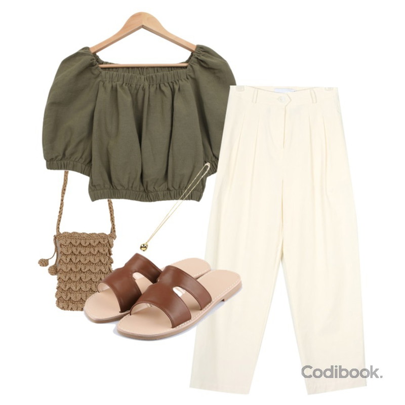 BULLANG GIRL 드림오프숄더BL,BANHARU minimal knit cross bag,AIN pin tuck wide pants (s, m)등을 매치한 코디