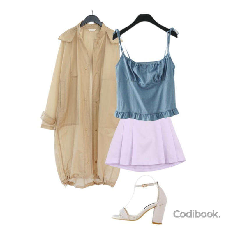 AFTERMONDAY dry long safari jumper (3colors),BULLANG GIRL 미니아벨트SK(벨트SET),AFTERMONDAY pure frill denim sleeveless등을 매치한 코디