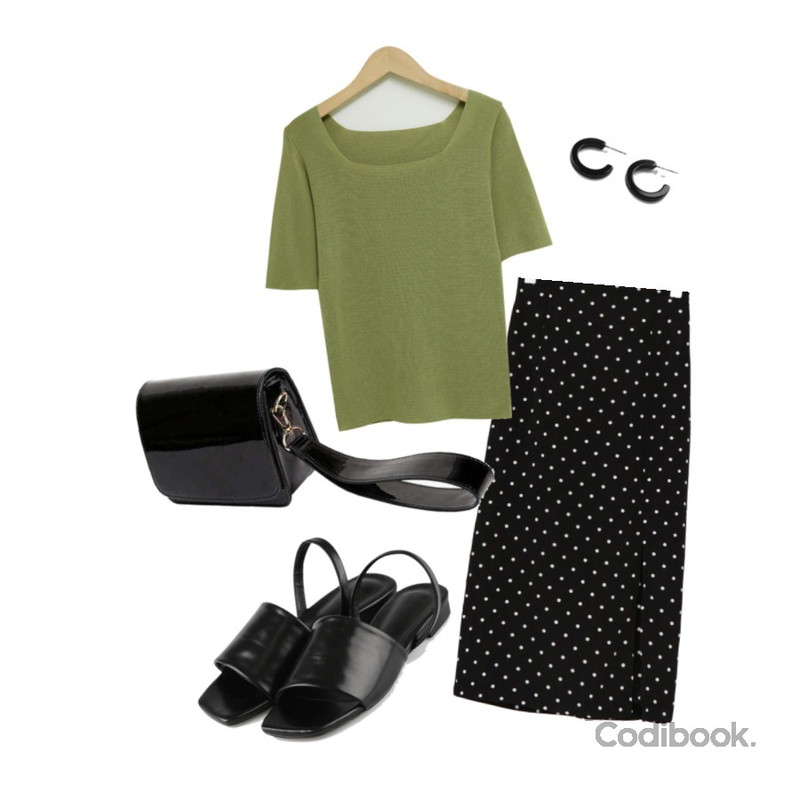 MOREDAY 투웨이 밴드 슬리퍼,From Beginning Sand square slim knit_M (size : free),BANHARU slit detail dot skirt등을 매치한 코디