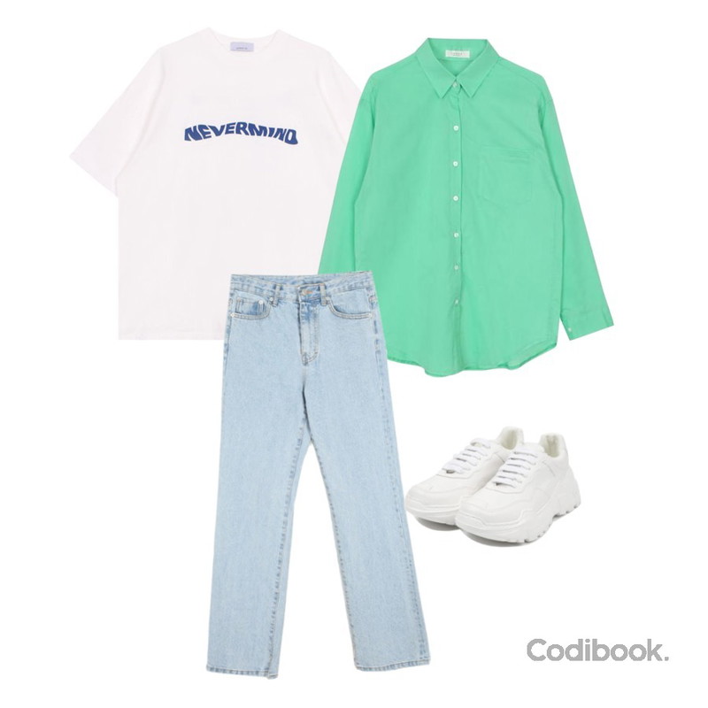 biznshoe [SALE] Thin basic shirts,biznshoe Never mind boxy tee (2colors),openthedoor semi slit denim pants (3 color) - men등을 매치한 코디