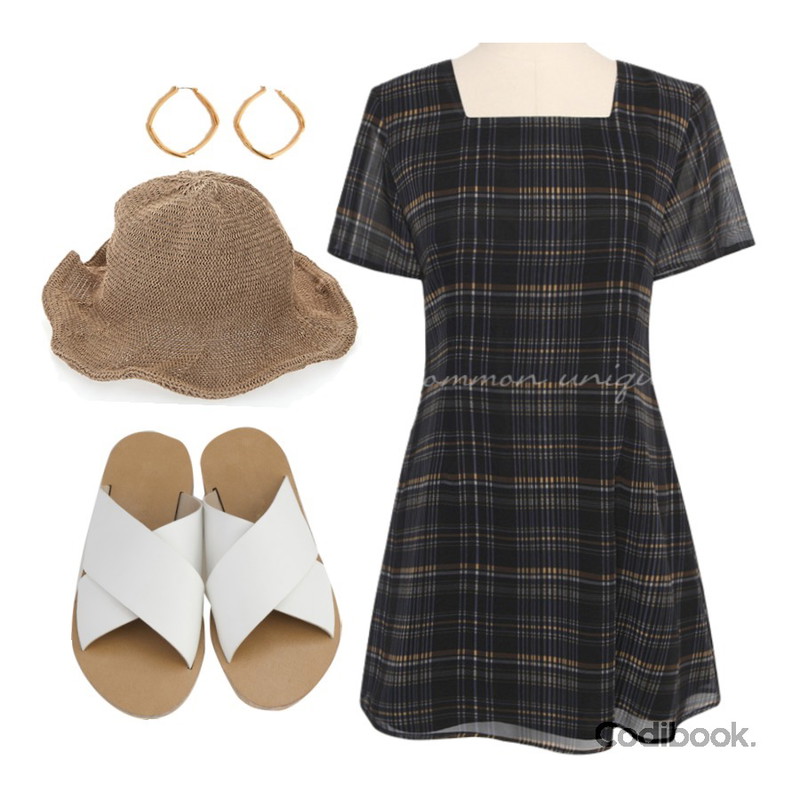 BANHARU wide x-strap slipper,ROCOSIX 머멘 물결 벙거지,common unique CASSIE CHECK SQUARE CHIFFON MINI OPS등을 매치한 코디