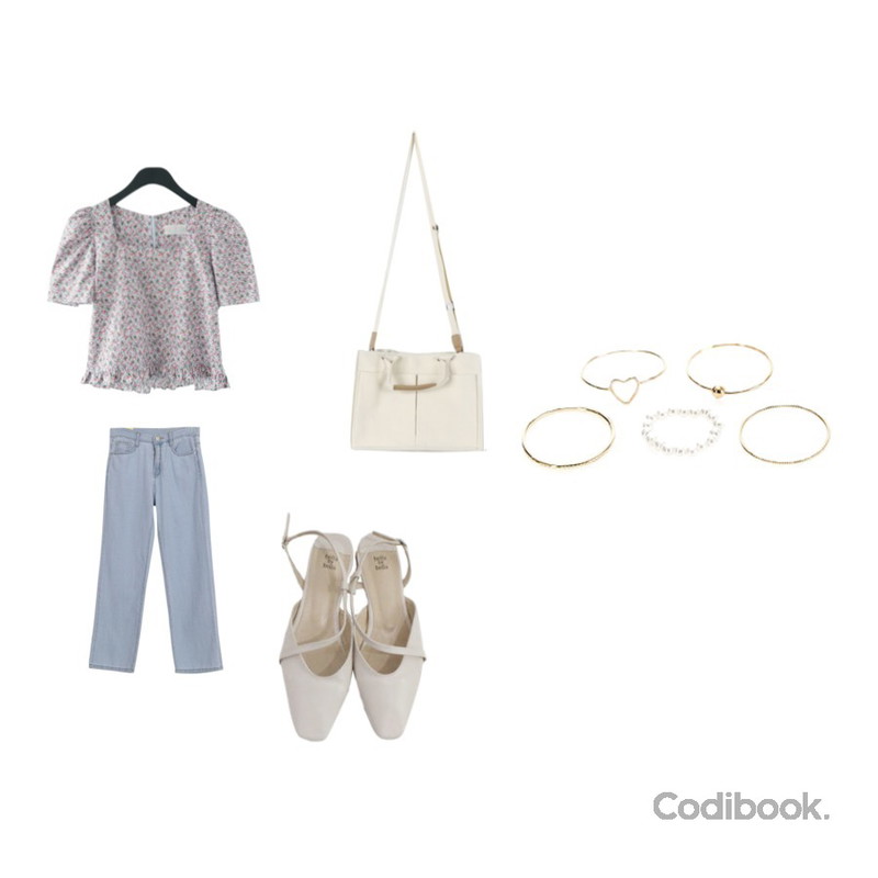 AFTERMONDAY flower frill detail blouse (2colors),BITDA 벨르라인 shoes (3color),AWAB 올리루즈와이드팬츠등을 매치한 코디