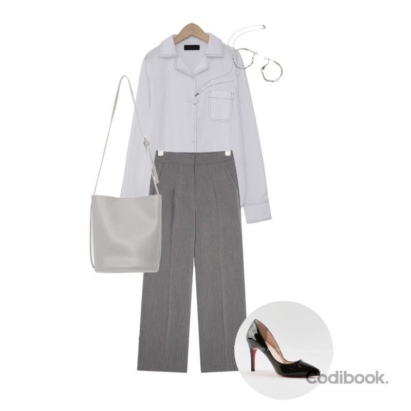 AIN all for straight slacks (s, m, l),openthedoor white+black circle necklace,From Beginning Standard pocket stitch shirt_B (size : free)등을 매치한 코디