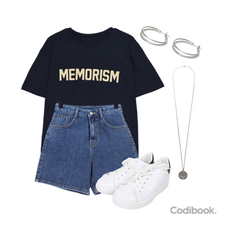 MIXXMIX Memory Lettering Top,biznshoe Silve pendant necklace,BULLANG GIRL 벤코데님숏P등을 매치한 코디