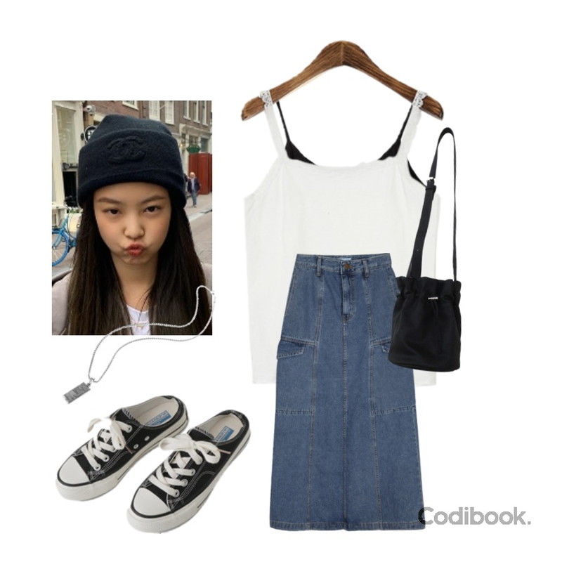 ROCOSIX 코튼 레이스 끈 나시,BACHO 쥬시홀리 린넨나시티,openthedoor cargo denim maxi skirt - woman등을 매치한 코디