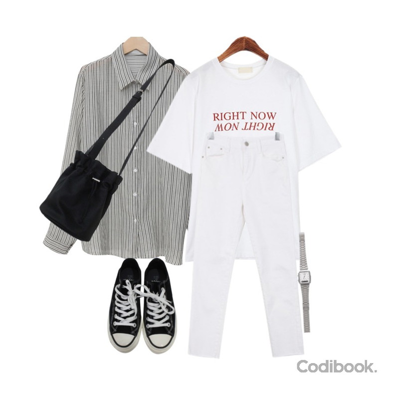 ROCOSIX 베이직 레터링 박스티셔츠,BULLANG GIRL 루팡코튼스판P,From Beginning Dandy stripe cotton shirts_Y (size : free)등을 매치한 코디
