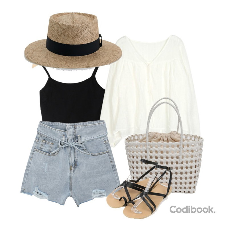 AIN kind cotton cardigan set,BACHO 스위트골지 나시크롭티,MIXXMIX 언발 하이웨스트 리본 데님팬츠등을 매치한 코디