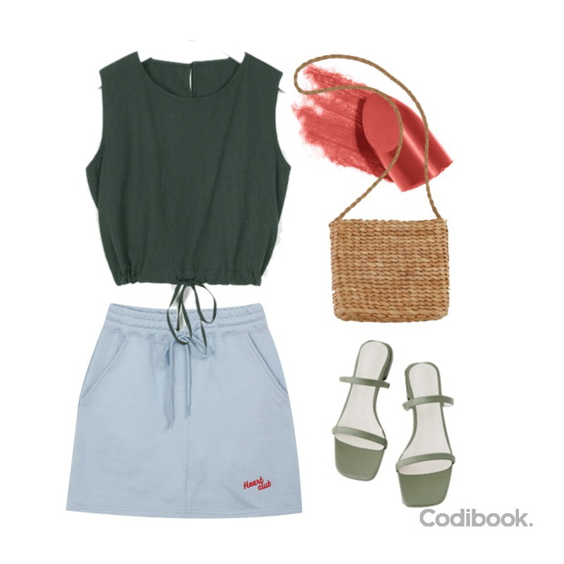 coral lip,AIN round neck string sleeveless,MIXXMIX Heart Logo Sweat Skirt등을 매치한 코디
