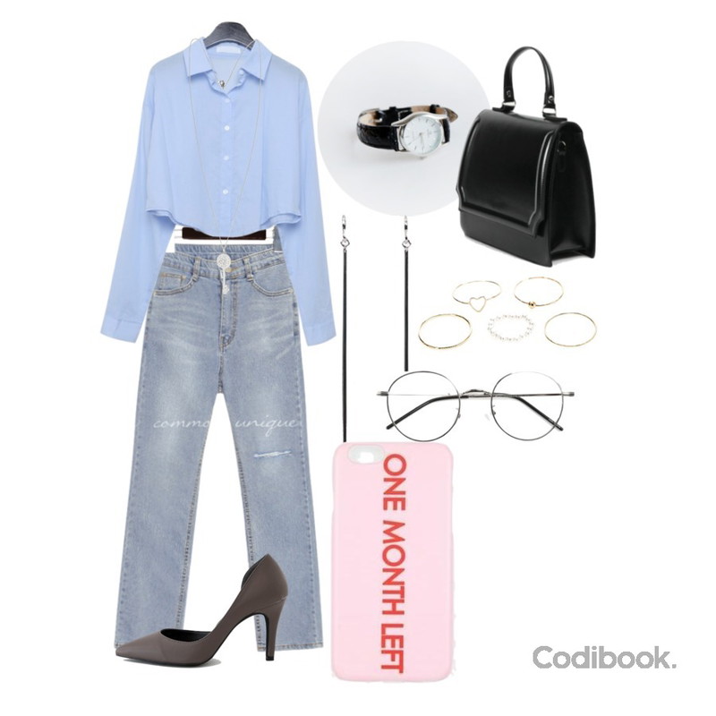 LOVELY SHOES 티나 스틸레토 힐 9cm,common unique [BOTTOM] LOYDIN STRAIGHT DENIM PANTS,daily monday Basic crop shirts등을 매치한 코디