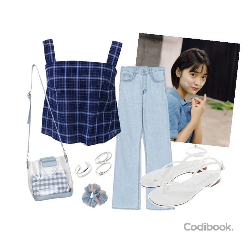 BANHARU maxi hidden banding jean,BITDA 체크팝 sleeveless (2color),ㅋㅋ등을 매치한 코디