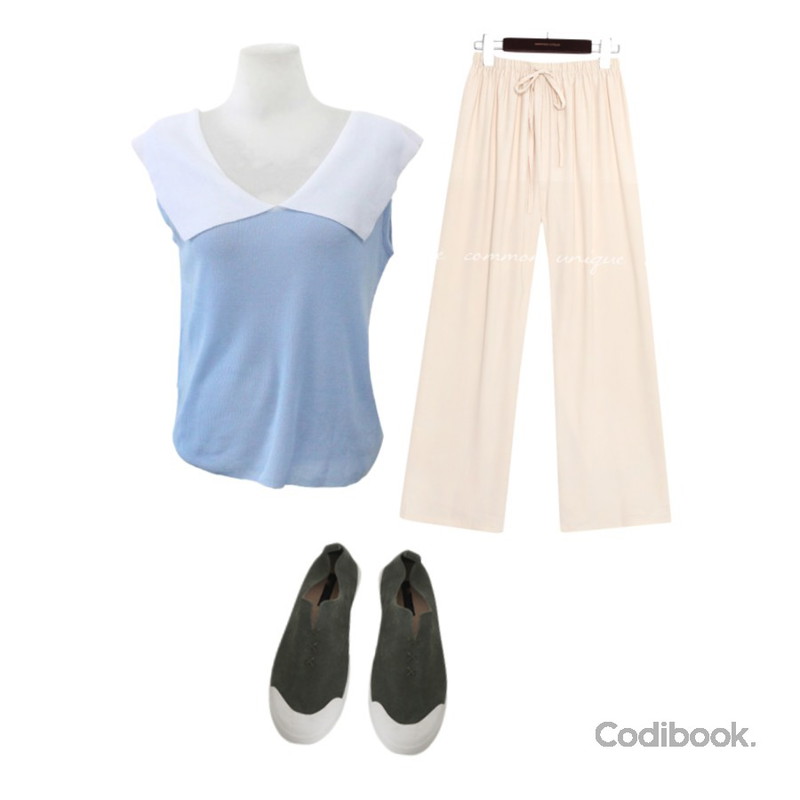 common unique 5 COLOR RAZY BANDING WIDE PANTS,BITDA 메르닌 sleeveless (3color),AFTERMONDAY suede flat sneakers (6colors)등을 매치한 코디