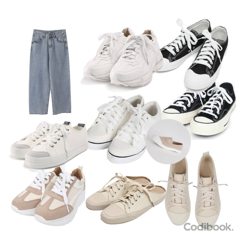 BULLANG GIRL 에이스통굽운동화,From Beginning Canvas sneakers mule_K (size : 225,230,235,240,245,250),BACHO 스쿼드 와이드 데님팬츠등을 매치한 코디