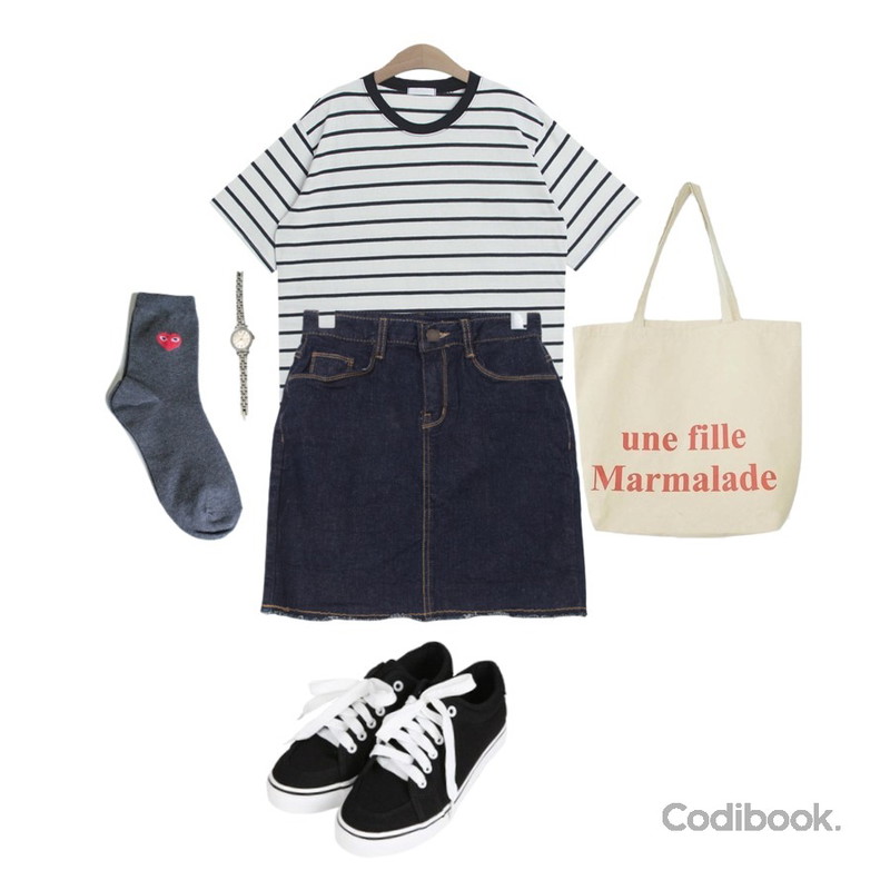 TODAY ME 런던 티셔츠,BULLANG GIRL 반디푸데님SK,Zemma World Marmalade♥.Une Fille eco bag등을 매치한 코디