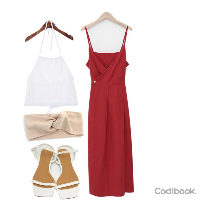 From Beginning Cruise wrap bustier ops_K (린넨 55%) (size : free),From Beginning Stamp double strap sandal_N (size : 230,235,240,245,250),ROCOSIX 스트링 백 포인트 슬리브리스등을 매치한 코디