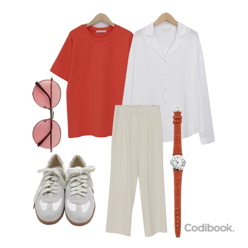 From Beginning Opening cotton T_S (size : free),From Beginning Soy linen wide pants_Y (린넨 80%) (size : S,M),From Beginning Page stripe loose shirts_K (size : free)등을 매치한 코디