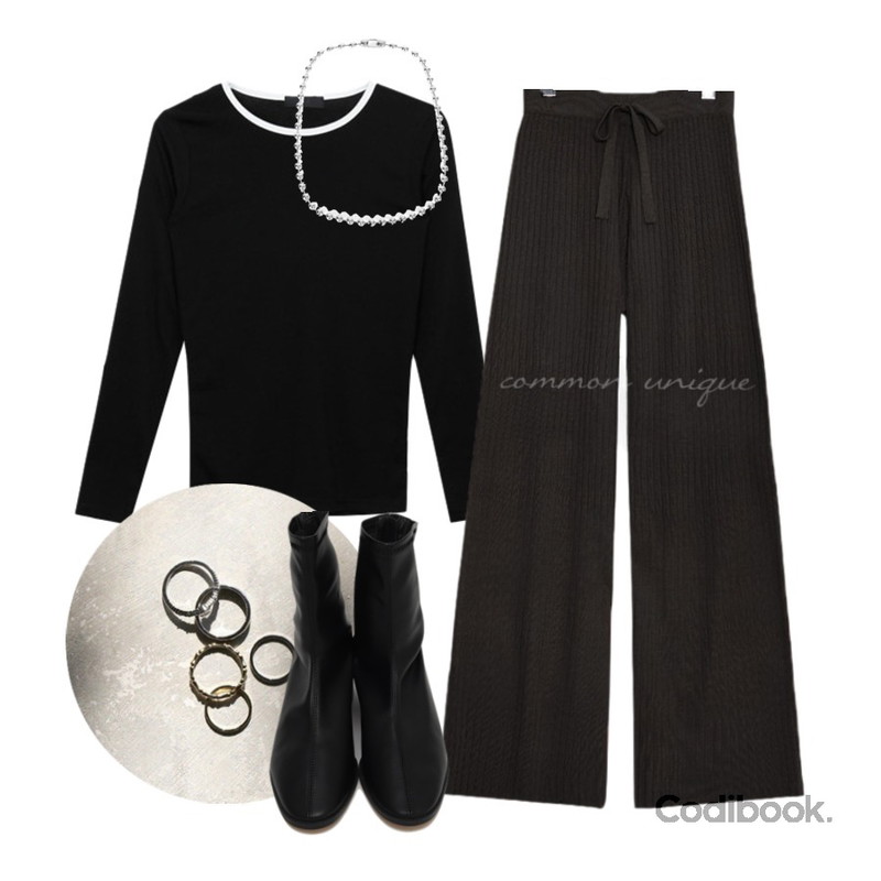 daily monday Simple ring set,MIXXMIX 밀키스 라운드 티셔츠,common unique PETER GOLGI WIDE KNIT PANTS등을 매치한 코디
