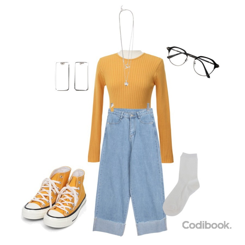 From Beginning Split golgi round knit (size : free),BULLANG GIRL 비주얼롤업데님P,AIN colouring high canvas sneakers (225-250)등을 매치한 코디