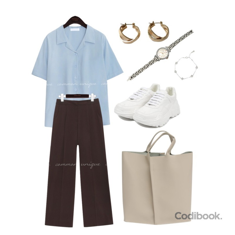 ENVYLOOK 큐빅메탈와치,common unique MORAN BUTTON COLLAR 1/2 BLOUSE,common unique FOND SET-UP PINTUCK SLACKS등을 매치한 코디