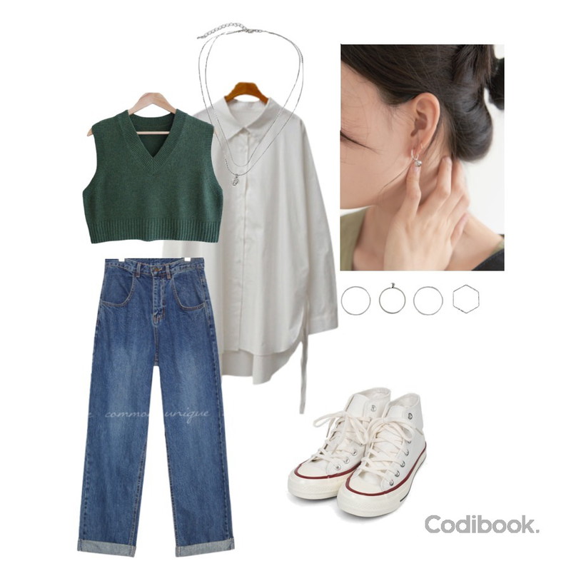 peachpicnic earring 178,ENVYLOOK 언발딥트임셔츠,GIRLS RULE 데일리 니트 조끼 (kn0003)등을 매치한 코디