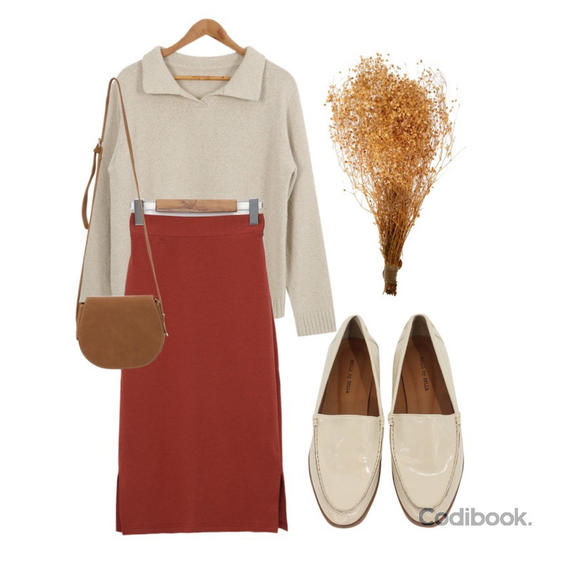 BITDA 리보 sh (아이보리),From Beginning Mirrow tencel banding skirt_C (size : free),AWAB 송송카라니트등을 매치한 코디