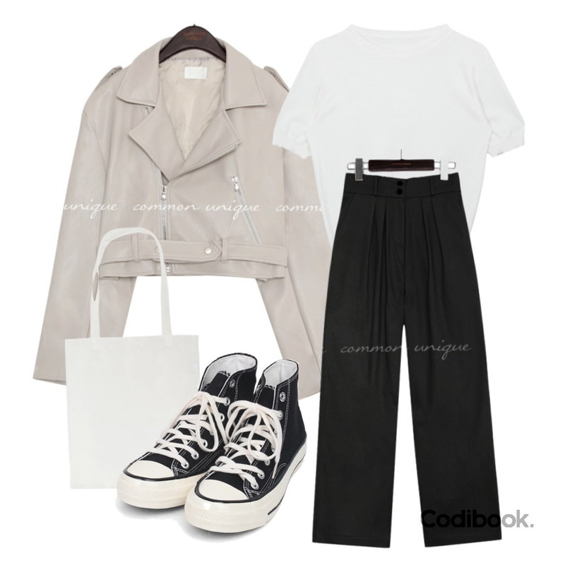 MIXXMIX 모노 데일리 반팔 니트 티,common unique ELSE CROP RIDER JACKET,common unique ROTER PINTUCK COTTON WIDE PANTS등을 매치한 코디
