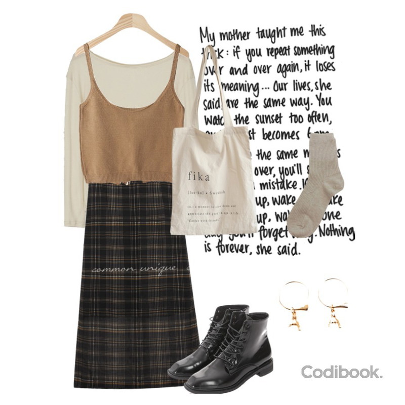 7,common unique FREEZE CHECK SLIT CHIFFON MIDI SKIRT,BANHARU 1/2 day tee #602등을 매치한 코디
