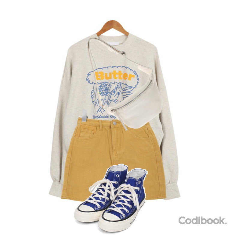 BULLANG GIRL 면에이치컬러SK,AIN colouring high canvas sneakers (225-250),AWAB 디얼버터맨투맨등을 매치한 코디