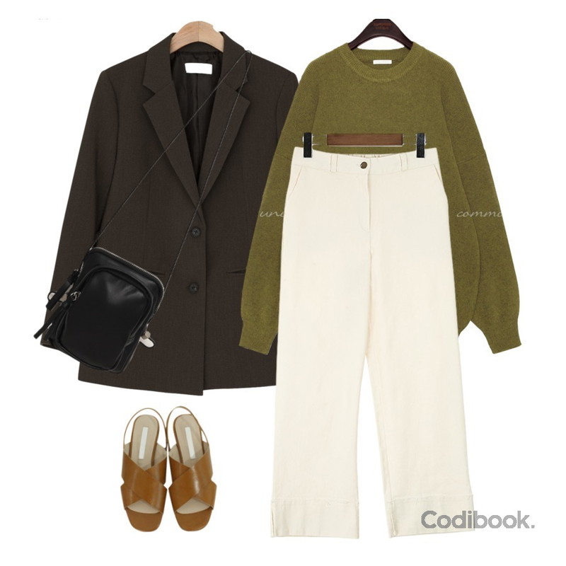 BANHARU 2 button classy basic jacket,common unique [TOP] COLBY SOFT ROUND NECK LOOSE KNIT,ROCOSIX 롤업 스탠다드핏 팬츠등을 매치한 코디
