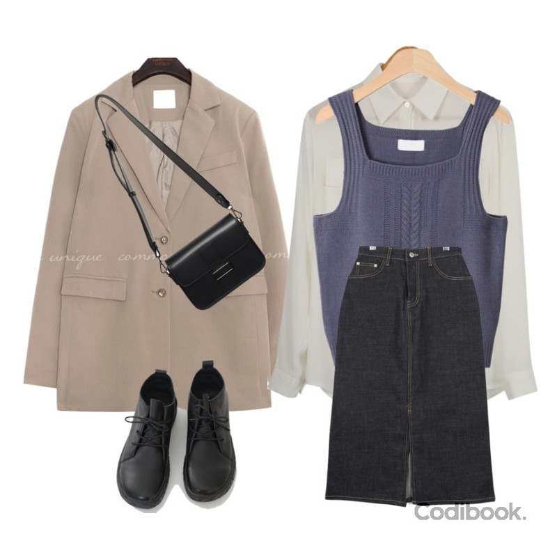 common unique [OUTER] STEADY SET-UP SINGLE JACKET,AWAB 썸투포켓블라우스,BACHO 밋츠 스퀘어 니트조끼등을 매치한 코디