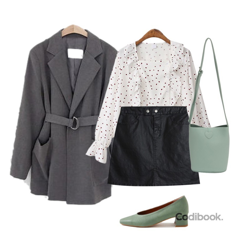 TODAY ME [skirt]타미 레더 스커트,LOVELY SHOES 페토즈 벨트 자켓,BACHO 하트 패턴 쉬폰 블라우스등을 매치한 코디