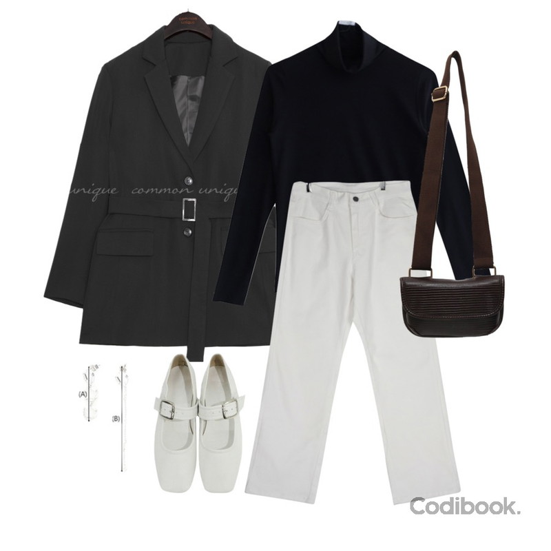 GIRLS RULE 보이핏 일자 면바지 (pt1787),common unique [OUTER] LOOSA BELT TAILORED JACKET,MUSEPOP 브러쉬 폴라 티셔츠 (t0251)등을 매치한 코디