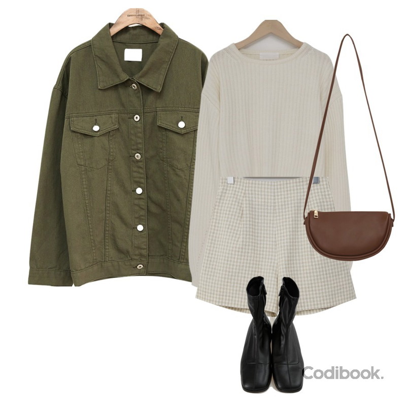 common unique [OUTER] DEEP 5 COLOR DENIM JACKET,From Beginning Tie wool round knit_J (울 45%) (size : free),From Beginning June check banding shorts_K (린넨 50%) (size : free)등을 매치한 코디