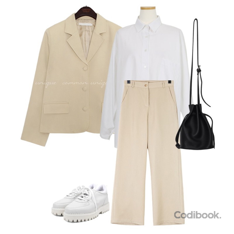 ROCOSIX 클립핀 스트레이트 슬랙스,common unique WOODS RAYON WRAP BUTTON JACKET,AWAB 라이브트임셔츠등을 매치한 코디