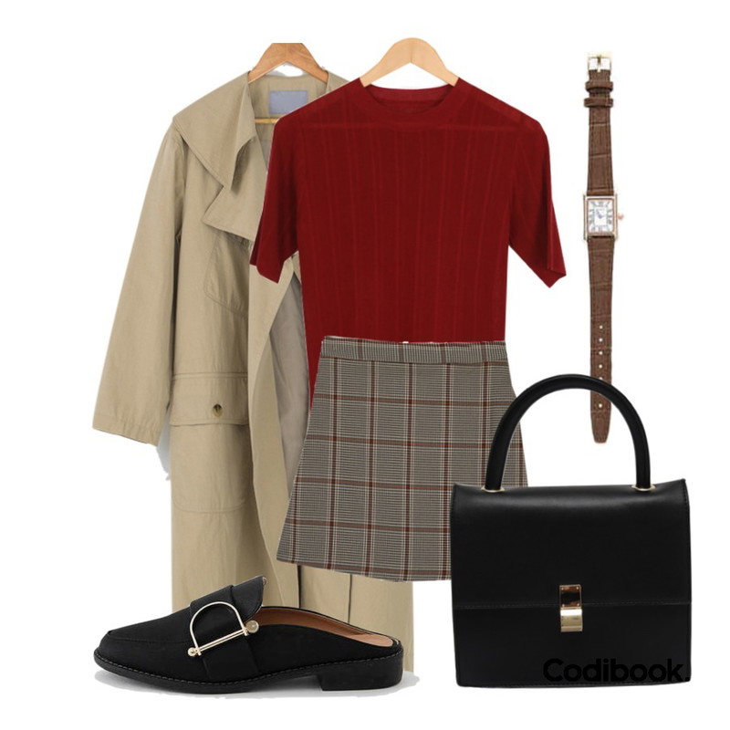 AWAB 아로골지오부니트,AWAB 싱글클릭체크미니스커트,BANHARU big collar long trench coat등을 매치한 코디
