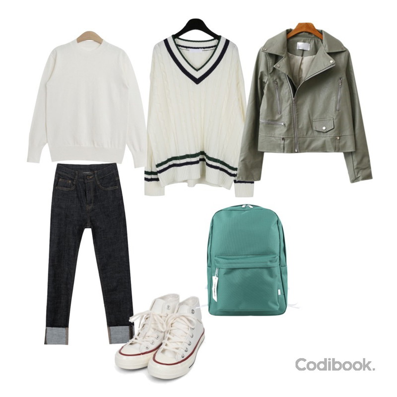 TODAY ME 티버 니트(베이직 knit),daily monday Preppy v-neck knit,MIXXMIX 롤업 1156 스키니 팬츠등을 매치한 코디