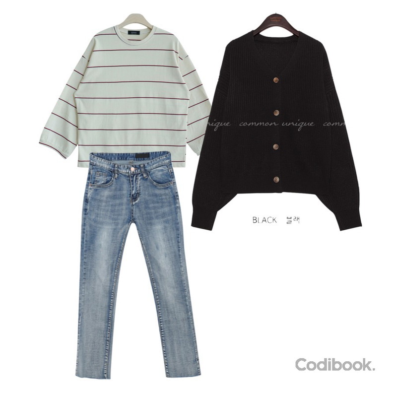 MIXXMIX 934 워싱 블루 데님 팬츠,common unique MANONG BALLOON KNIT CARDIGAN,GIRLS RULE 제니스 단가라 티셔츠 (t0159)등을 매치한 코디