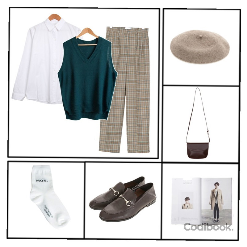 frame,BANHARU vintage check pintuck pants,BULLANG GIRL 타밍베이직NB등을 매치한 코디
